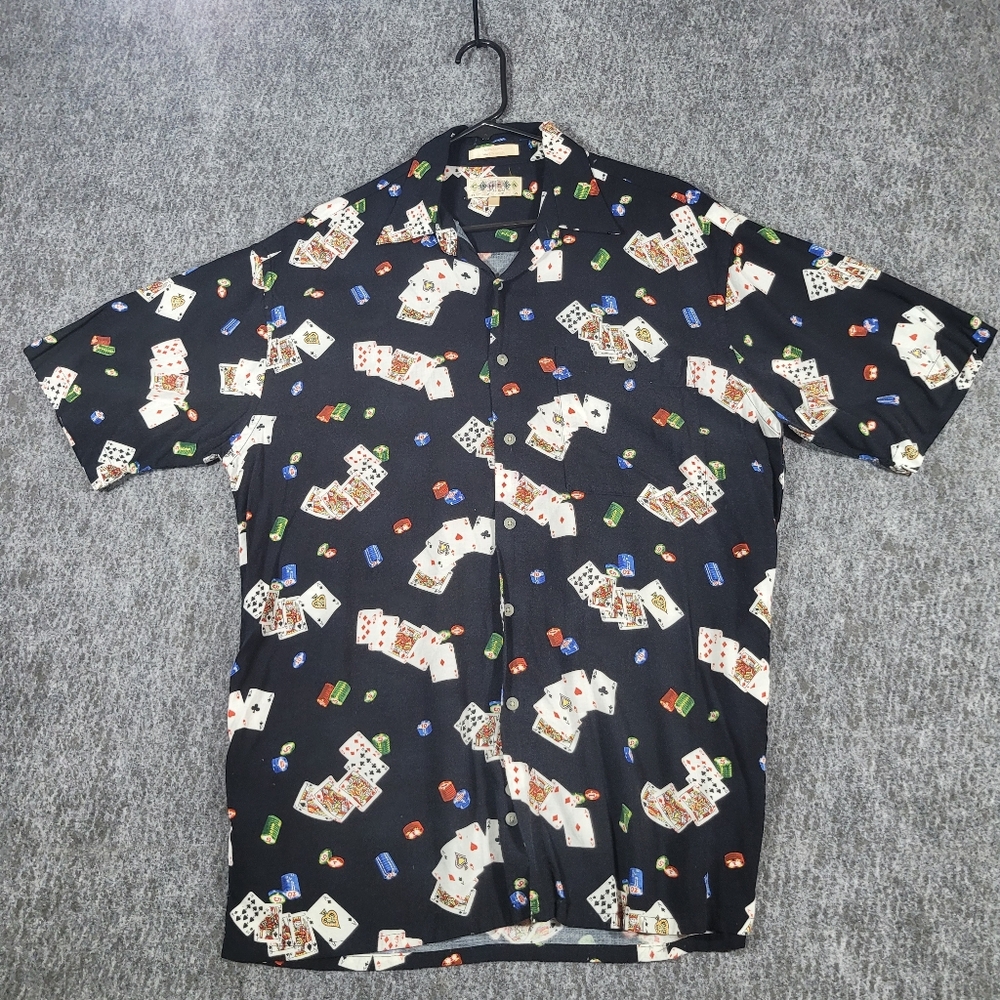 Campia Moda Vtg Short Sleeve Button Down Poker Cards Chips All Over Print Mens M